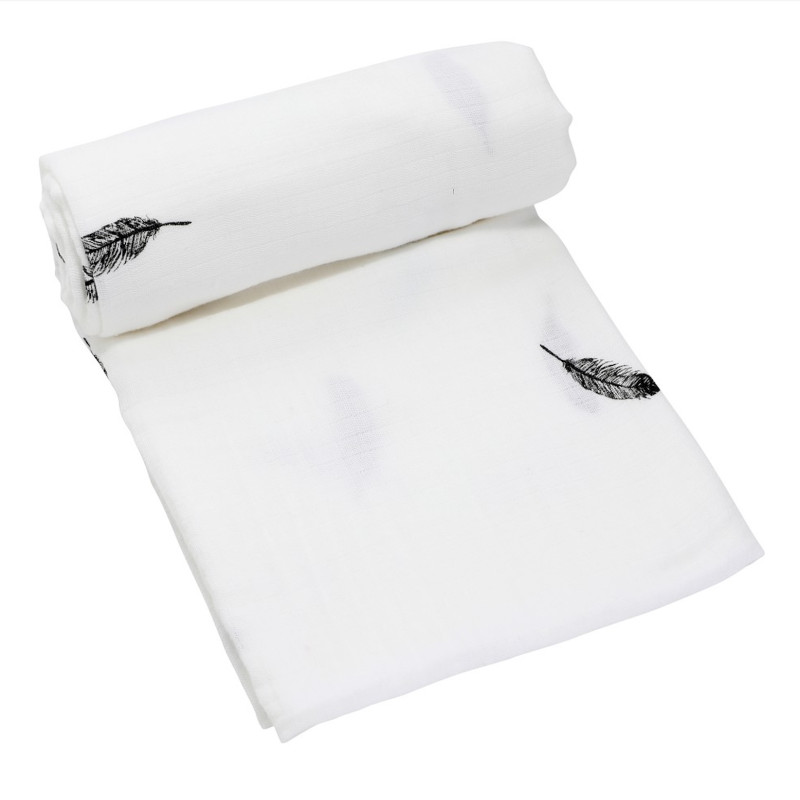 Organic Cotton Black Feather Muslin Swaddle Blanket 120x120cm